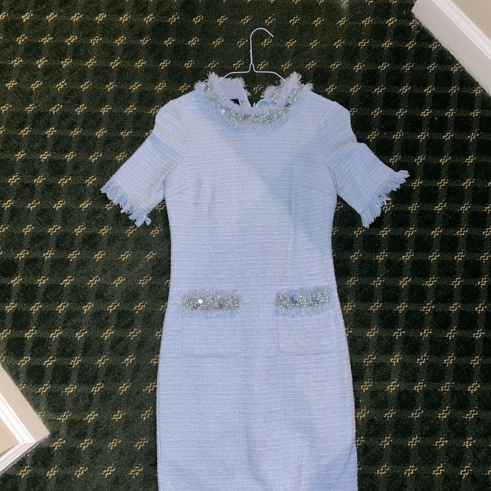 Teri Jon Light Blue Tweed Dress with Fringe Accents